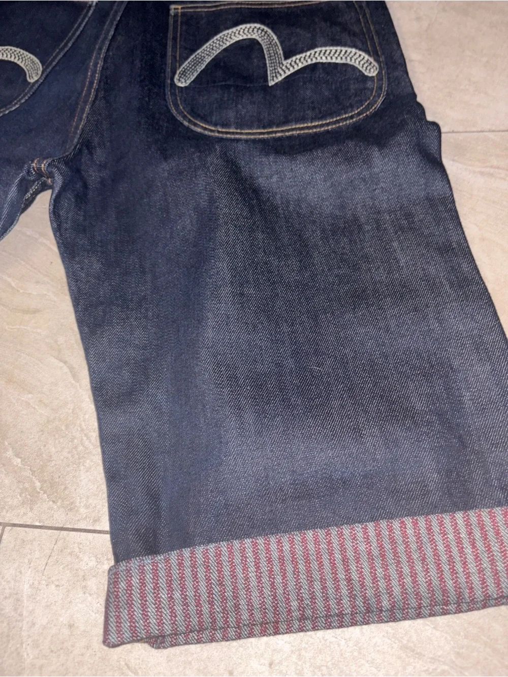 Evisu Dark Indigo Denim Shorts with Signature Back Pocket Stitch